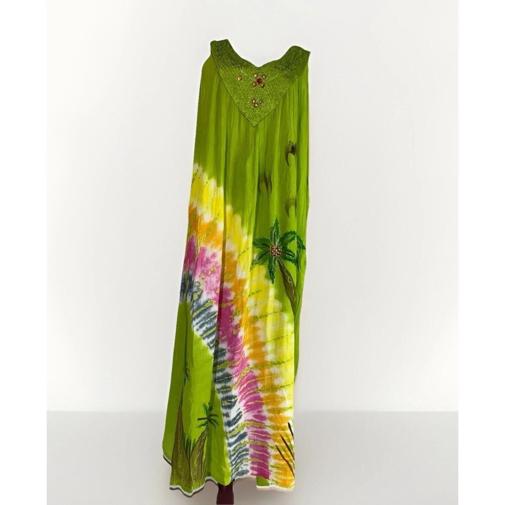 Metropolitan Size L Green Tropical Embroidered Beaded Sleeveless Long Sun Dress‎